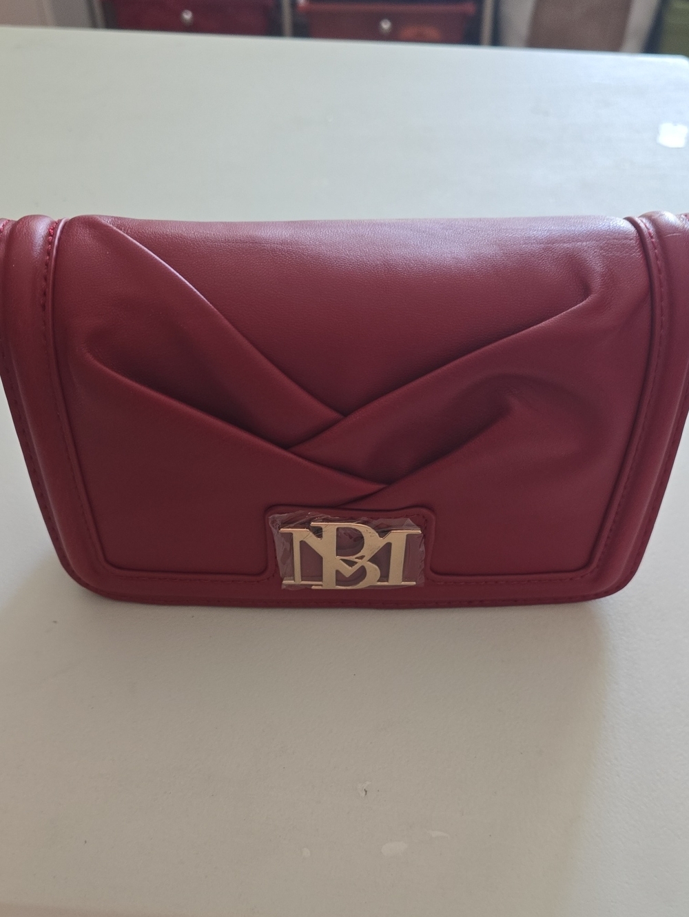 Badgley Mischka Red Brick Quilted Wristlet Clutch with Gold Logo